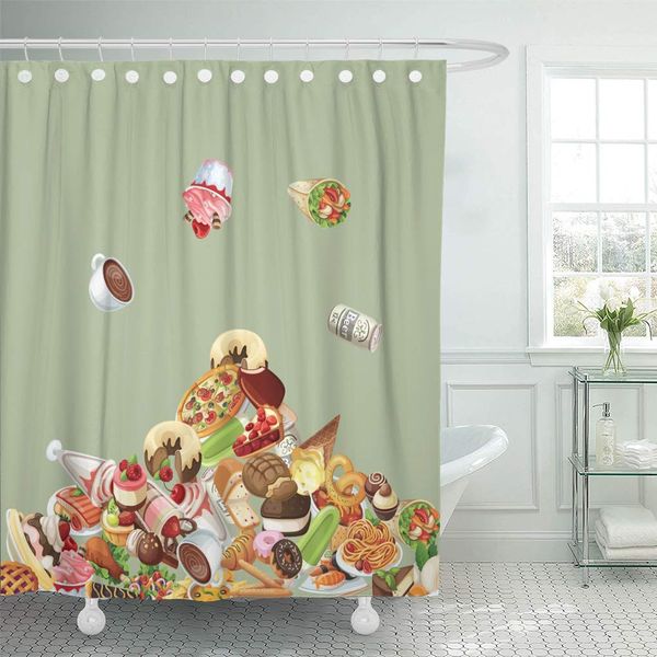 

zhhld shower curtain food doodle many feed pile sign of meat pizza and tacos french fries and hamburger og and cookies