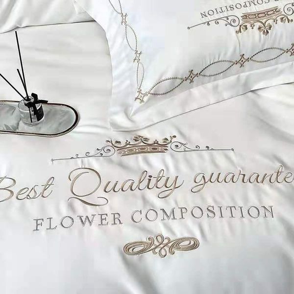 

european-style high-end light luxury washed mulberry silk cotton embroidered bedding four-piece solid color (a+b) version sets