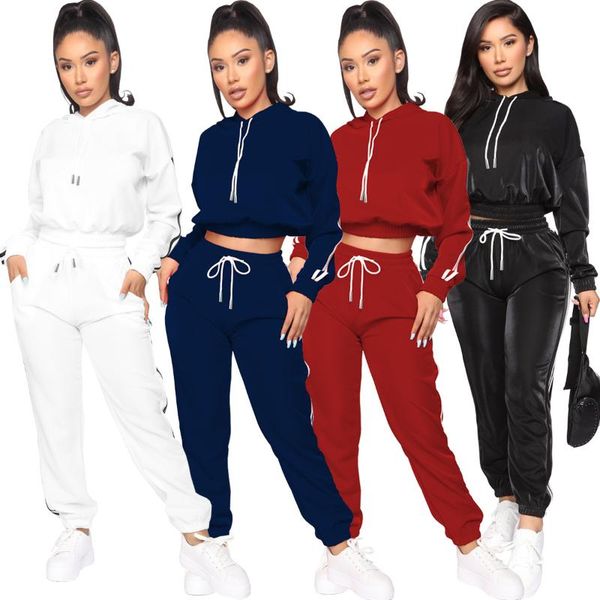 

women's two piece pants fashion tracksuit set autumn women solid striped long sleeve hooded sports matching casual streetwear, White