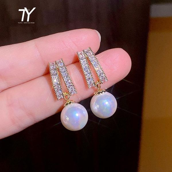 

dangle & chandelier classic geometric trapezoidal zircon pearl drop earrings luxury accessories for woman 2021 korean fashion jewelry girls, Silver