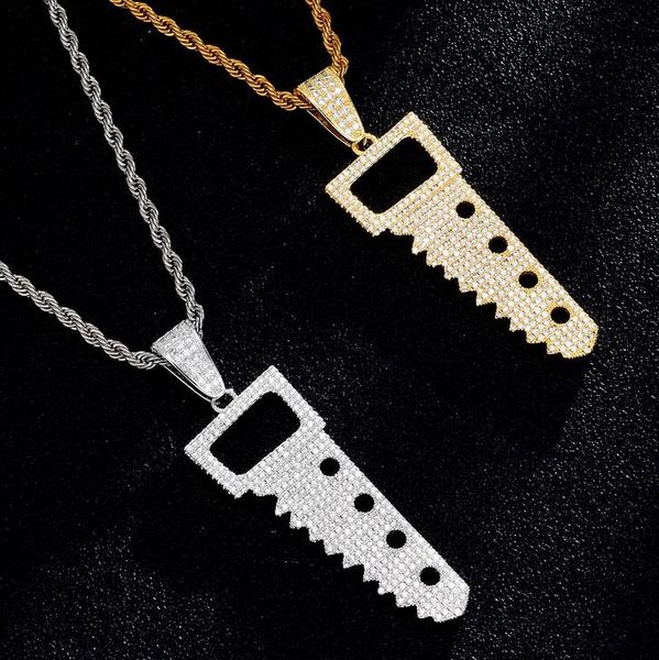 

hip hop zircon saw pendant necklaces for men women luxury designer mens bling diamond gold chain necklace jewelry love gift, Silver