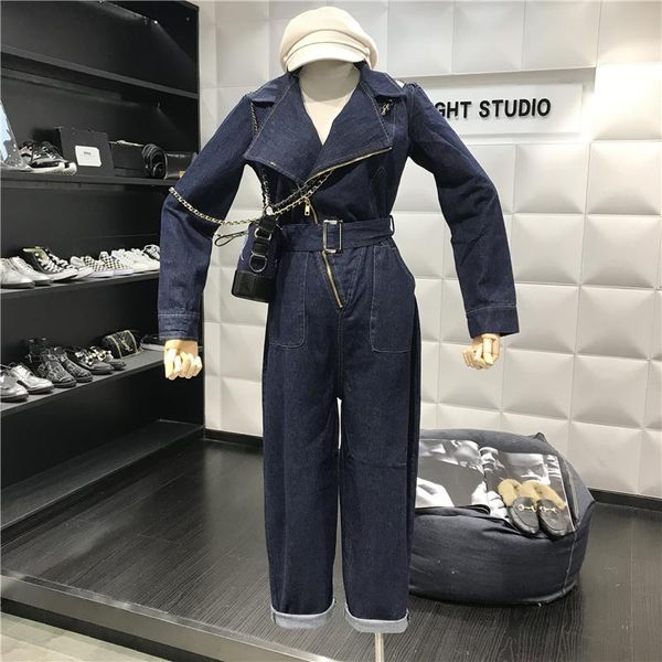 

women's jumpsuits & rompers denim turn down collar full sleeve length pocket mazarine zipper high waist vintage overall with belt stree, Black;white