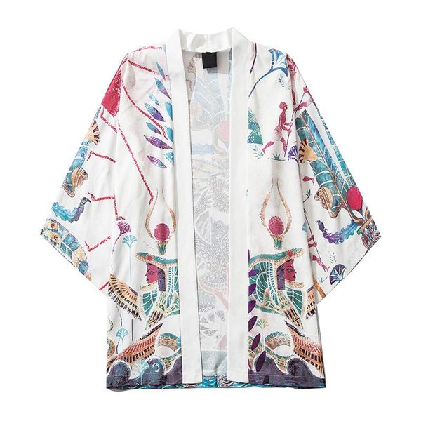 

men's casual shirts fashion japanese kimono men loose open front 3/4 sleeve style print cover up cardigan chemise, White;black