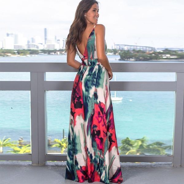 

casual dresses spring summer 2021 fashion v-neck sling printed beach dress women open back bohemian female party long vestidos, Black;gray