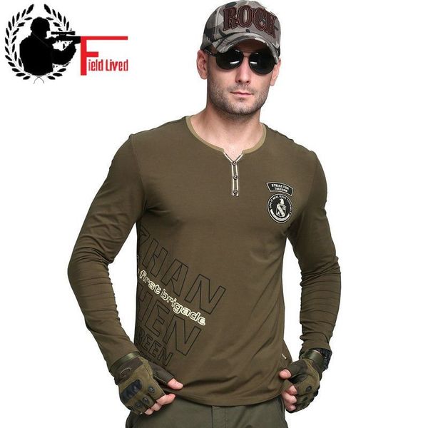 Erkek Uzun Kollu V Boyun T Gömlek Pamuk Artı Boyutu T-Shirt Rahat Erkek Yeşil Ordu Savaş Taktik Tişört Askeri Üst Tee 4XL 210518