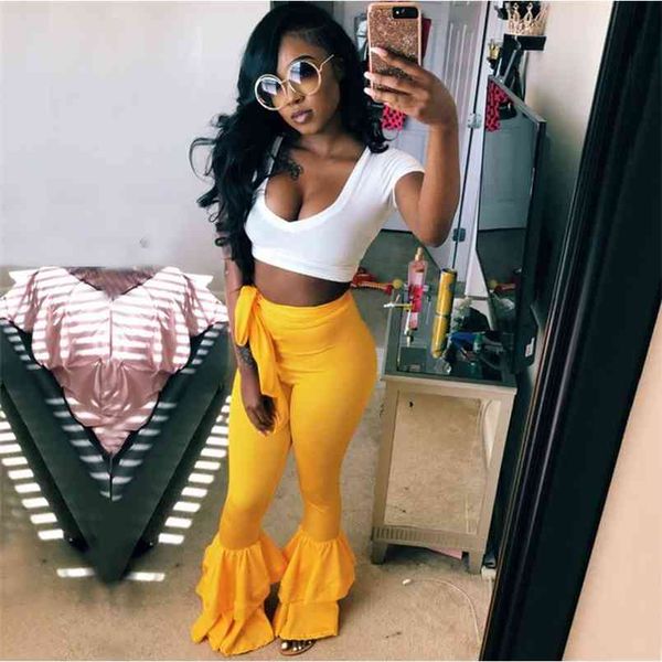 

omsj ruffles pants two piece set tracksuit women v neck bodycon t shirt crop flare suits casual yellow 2 210517, White