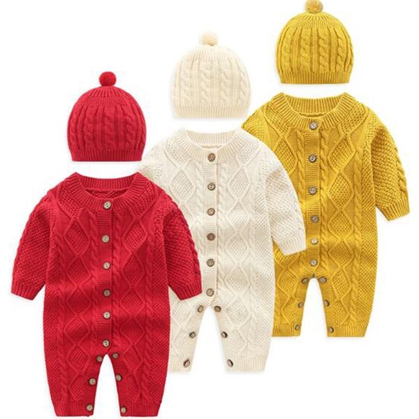 Baby Strampler Gestrickter geborener Junge Overall mit Hut Outfits Langarm Herbst Säuglingsstrick Mädchen Overalls Winter Warme Kinder 210417