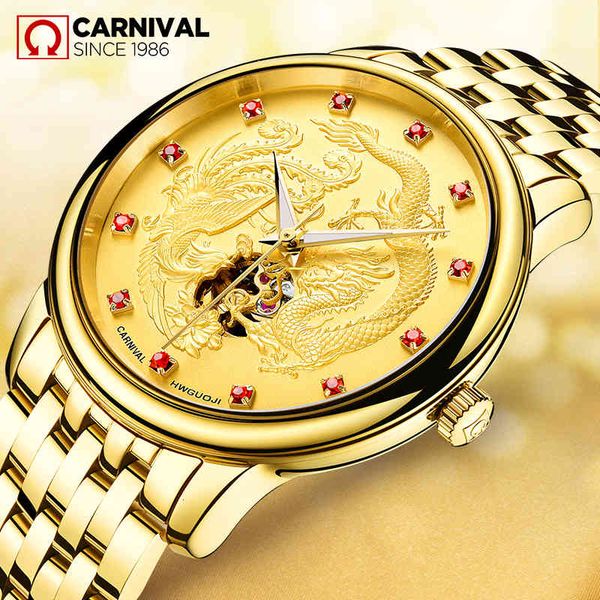 

automatic mechanical watches men carnaval luxury mark men saffier waterproof gold dragon skeleton relogio masculino, Slivery;brown