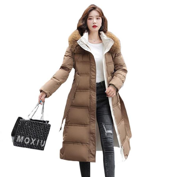 

women's down & parkas winter coat 2022 cotton hooded big fur collar thick warm x-long jacket with belt slim outer wear women jd1931, Black