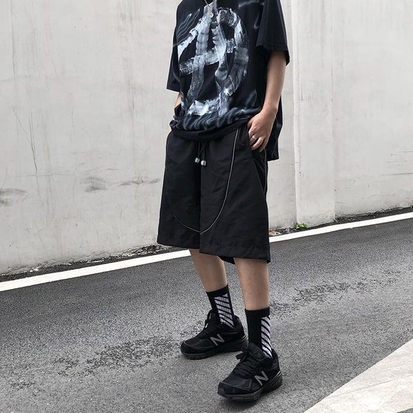 

/ men's wear ealstic waist loose causal shorts fashion streetwear knee length pants hip-hop reflective bar 9y2604, White;black