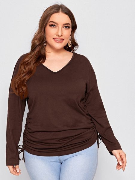 

plus v-neck drawstring long sleeve tee 59e8#, Black