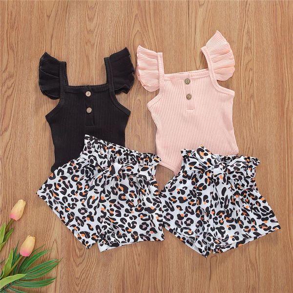 

clothing sets 0-24m born baby girls clothes set sweet summer kids ribbed knitted button romper high waist belt leopard print shorts, White