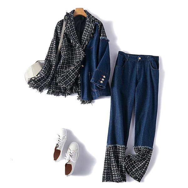 

women's two piece pants denim patchwork hit color plaid set for women lapel collar long sleeve coat high waist jeans female suit1 2ok4, White