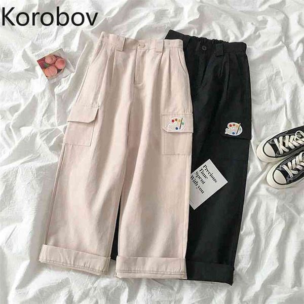 

korobov summer new arrival cargo pants preppy cartoon embroidery pockets women trousers korean streetwear joggers 210430, Black;white