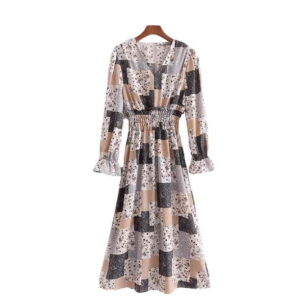 

streetwear women v-neck elastic waist dresses fashion ladies plaid patchwork dress vintage female chic floral print 210427, Black;gray