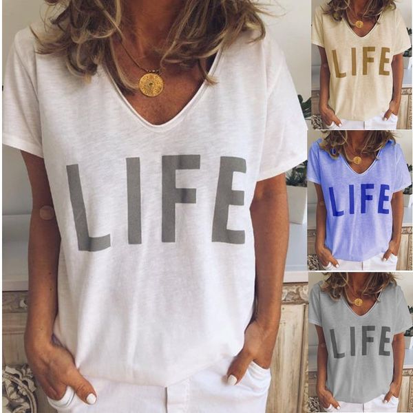

women's t-shirt ebaihui european and american style wear v-collar letter printed short-sleeved t-shirt blouse myx015 qlp9, White