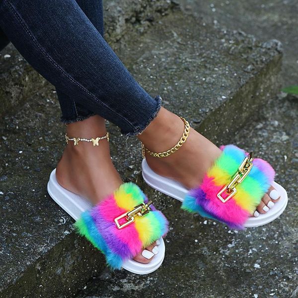 

slippers women soft bottom one-shaped spring autumn platform metal chain color-blocking home sandalias mujer, Black