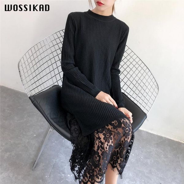 

casual dresses 2021 dress autumn lace split loose long knitting vintage women sweater fall elegant vestidos de festa, Black;gray
