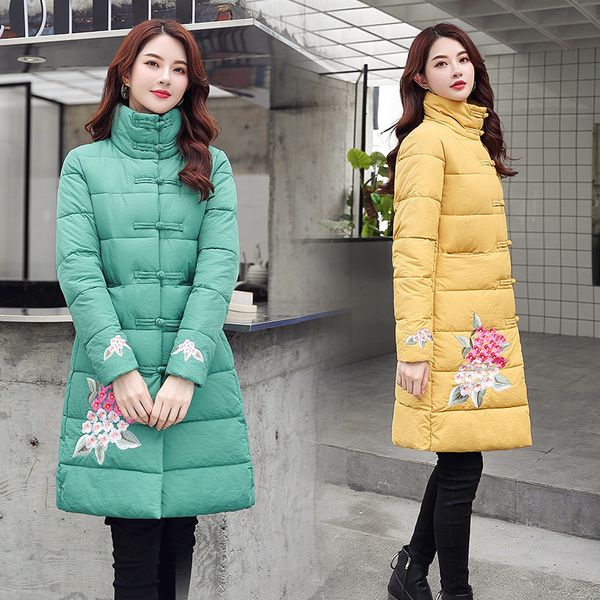 

winter new embroidered women's mid-long chinese wind down coat parka 6902, Black