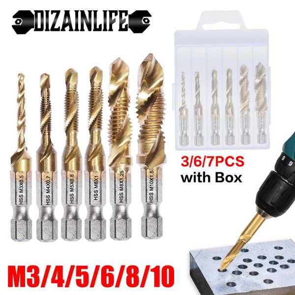 

hand tools metric thread tap drill bits set hex shank titanium plated hss screw combination m3 m4 m5 m6 m8 m10