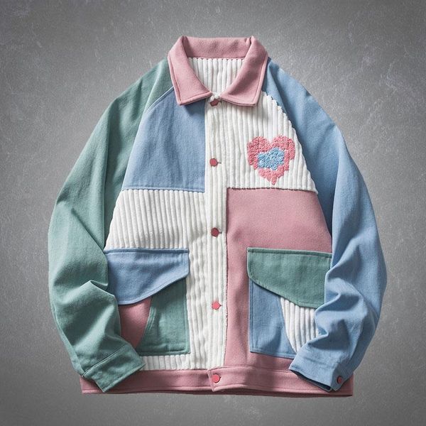 

men's jackets japan style furry heart embroidery colorful patchwork pockets baseball mens harajuku casual college couples coats, Black;brown