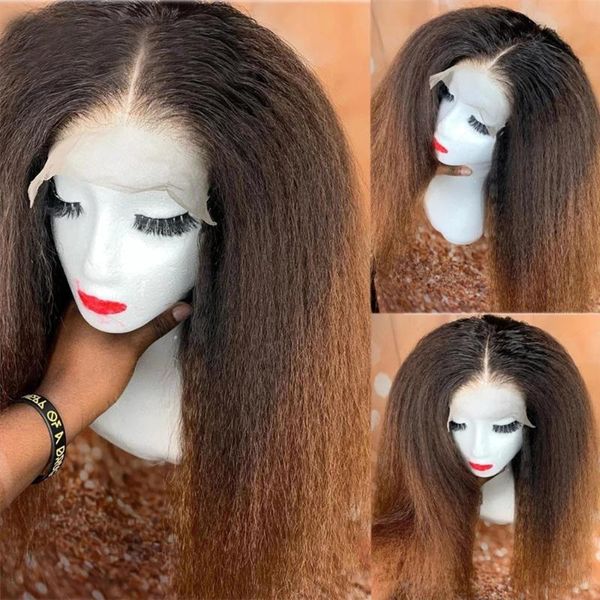 

ombre kinky straight lace front synthetic hair wigs high temperature wig with natural hairline for black women glueless