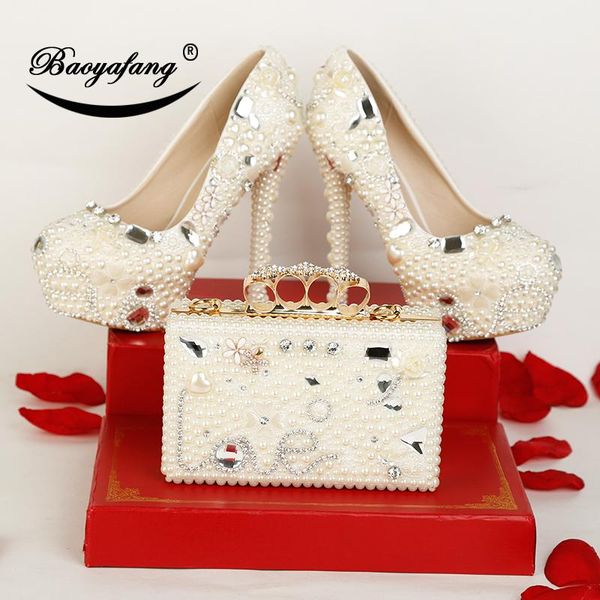 

baoyafang arrival luxury pearl crystal wedding shoes woman high heels platform with matching bags ladies party shoe dress, Black