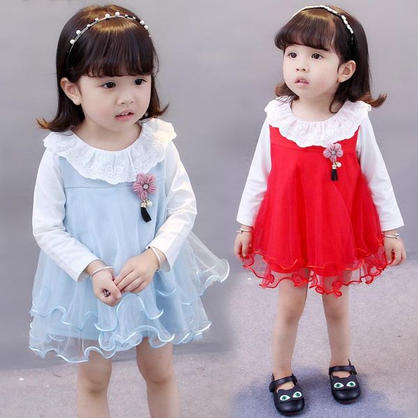 

girl's dresses 2021 baby infant cotton princess clothing set,long sleeved white lace collar t-shirt+flower sweet dress,2pcs girls suits, Red;yellow