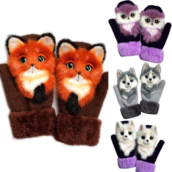 

five fingers gloves animal thermal mittens for women winter men knitted cute 3d fluffy girls cartoon, Blue;gray