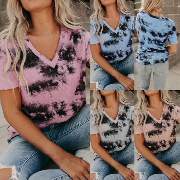 

summer tshirt women tie dye printed short sleeve 2021 streetwear hip hop style v-neck shirts casual loose tee women's t-shirt, White