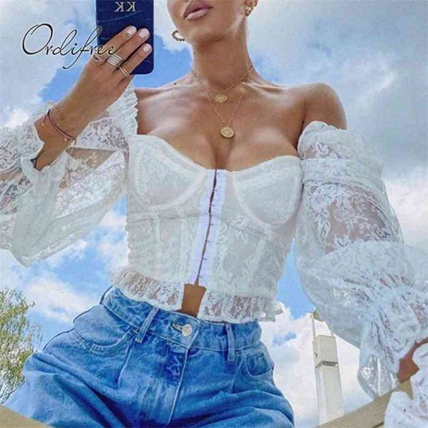 

summer women white lace blouse shirt long sleeve vintage 210513