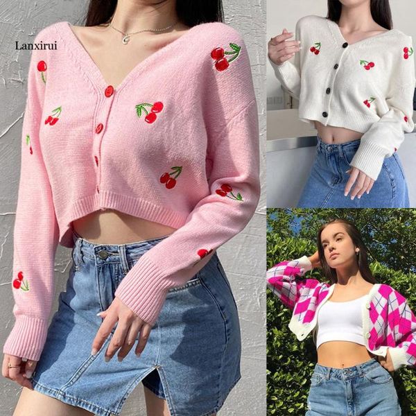 

women's knits & tees fashion women single breasted coat cardigans knitted cherries embroidery long sleeve v-neck cropped sweater o, White