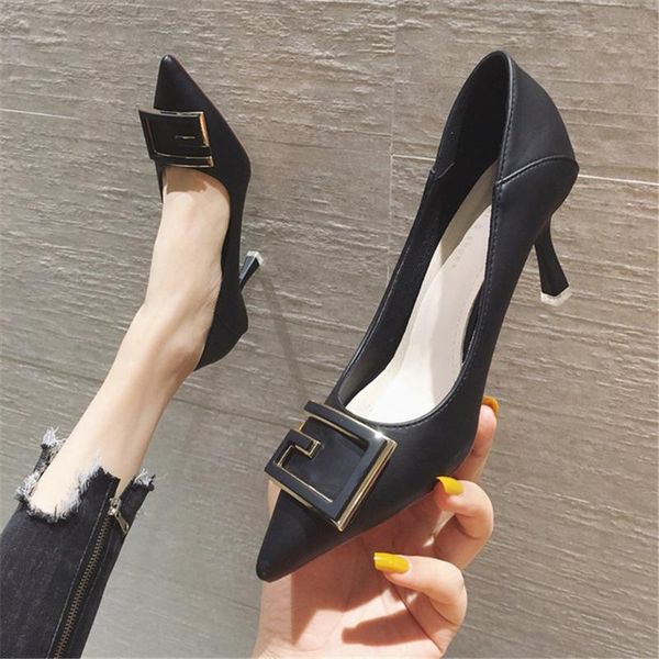 

dress shoes women's for fall/winter 2021 two-wear heel square buckle pointed stiletto soft leather high heels 7.5cm5.5cm, Black