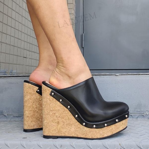 

dress shoes women platform wedges cork print slip on pumps faux leather sandals height increase woman large size 41 46 50 52, Black