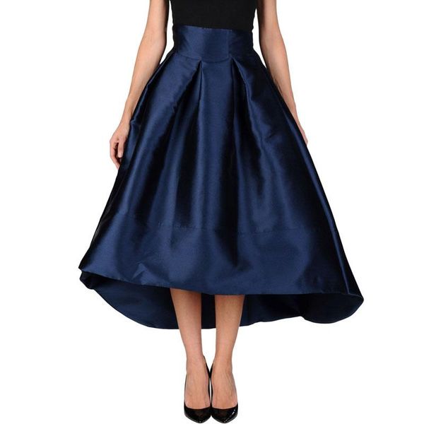 

skirts custom made dark blue satin women skirt fashion asymmetrical low pleated midi big swing saia faldas, Black