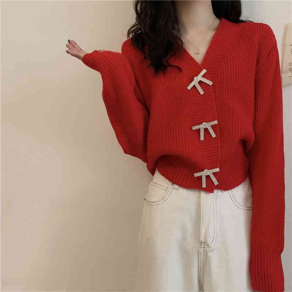 Sweater Outono V Neck Completa Red Red Cardigan Cardigan Slim Outfits Bow Diamante Single Breasted Knitwear Top Jumpers Retro Coreano 210429