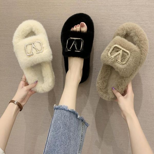 

slippers plush female winter 2021 cotton home indoor lovely korean mao girl heart, Black