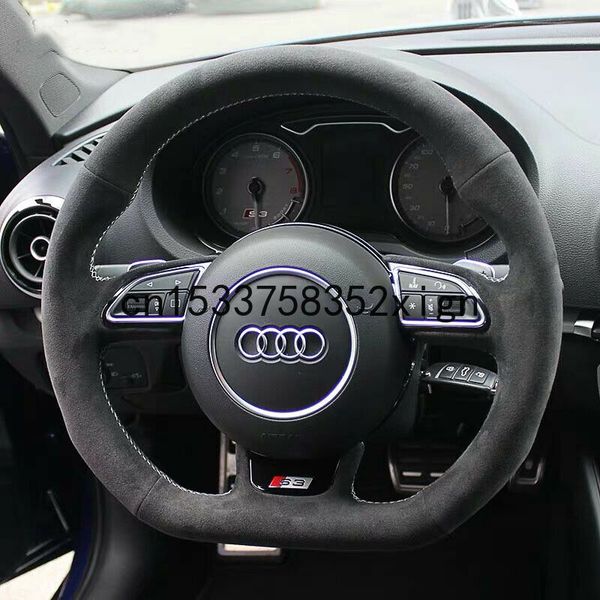 Coprivolante per auto con cuciture bianche in pelle scamosciata nera fai-da-te Stitch on Per copriruota per auto Audi S3