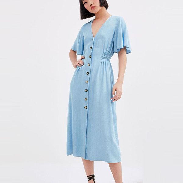 

casual dresses summer fashion denim tencel dress short sleeve v neck waist mid calf thin jeans women vacation, Black;gray