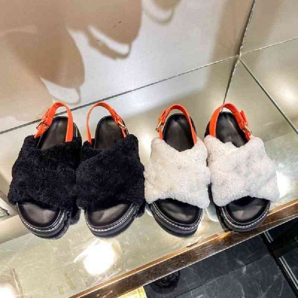 

wool real leather gladiator sandals woman ankle strap summer women flat zapatos de mujer 2021 fur shoes new, Black