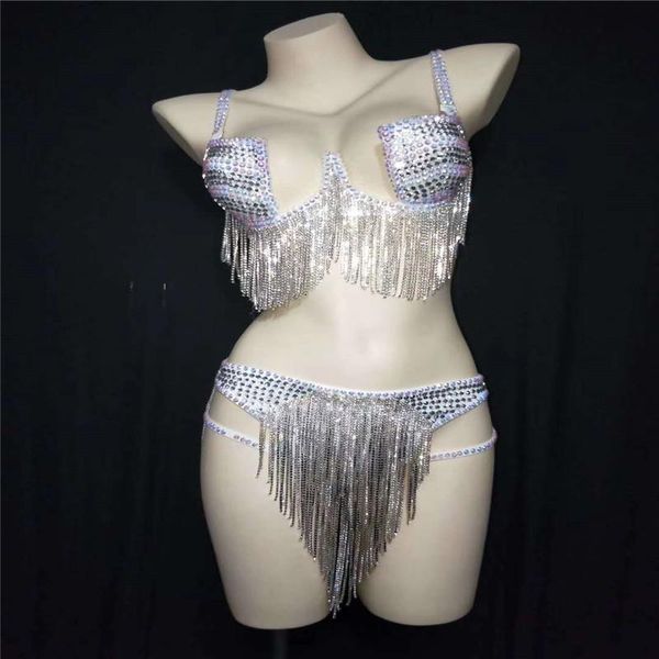 

party decoration h63 diamond chain singer backless show crystal drilling bikini pearls tassels fashion mesh pole dance rhinestone hi