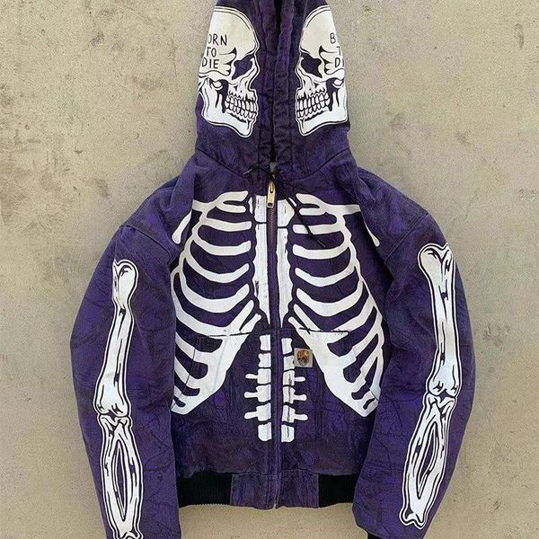 

men's jackets men streetwear high street skull skeleton print hoodie cardigan oversized casual sweatshirt fashion vintage coats autumn, Black;brown