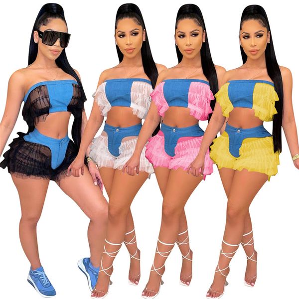 

women's tracksuits wholesale items bulk lots strapless two piece set tracksuit summer women clothes fashion mesh panelled outfits m6611, Gray