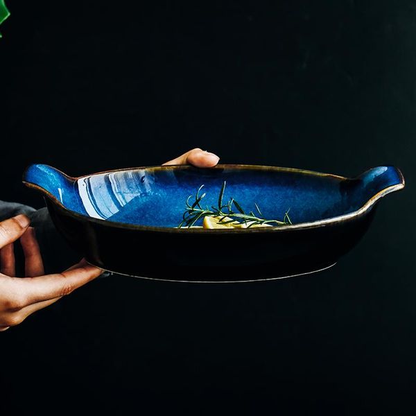 

klin blue boat shaped plate ceramic long fish bowl baking cheese rice dish bowls