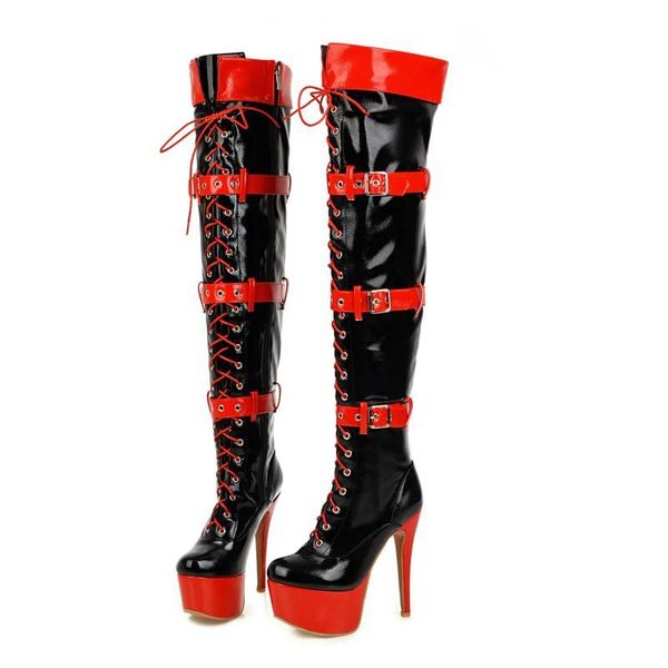 

est thigh high boots women thin heels platform mixed colors party prom night club shoes woman rty678, Black