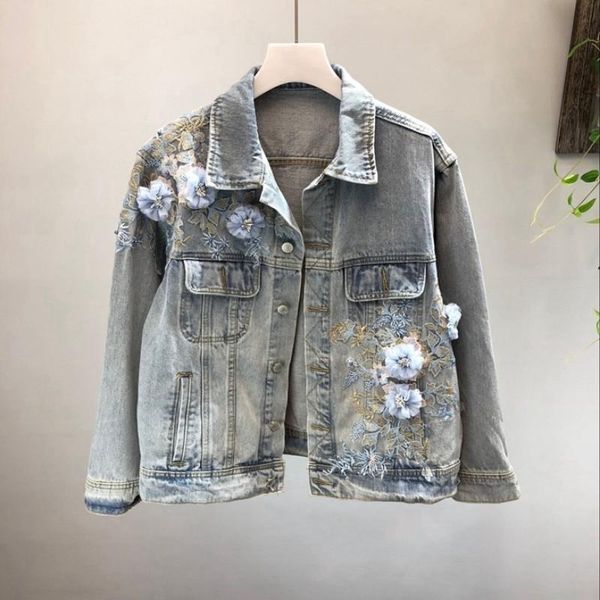 

women's jackets beading appliques denim jacket women loose fashion harajuku female coat turn-down collar single breasted jeans ladies, Black;brown