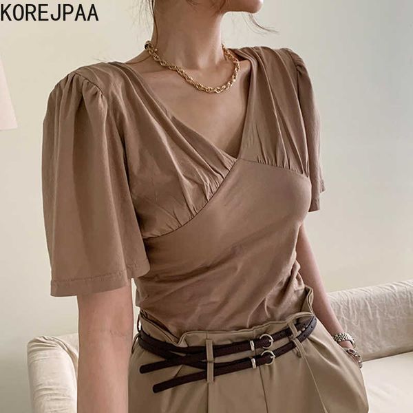 KOREJPAA Mulheres T-shirt Verão Senhoras French Elegante V-Neck Plissado Design De Costura Slim Magro Fino Cor Sólida Top 210526