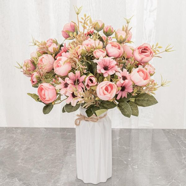 

silk rose pink artificial flowers bouquet plastic accessories home living room wedding table decoration fake flower decorative