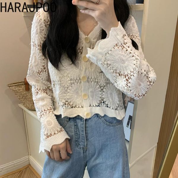 

women's knits & tees harajpoo women cardigan lace sweater 2021 spring fall korean embroidered trumpet sleeve jacket hollow out casual, White
