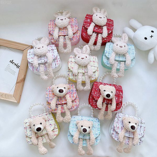 

girls pearls chain cartoon handbags kids stereo plush rabbit bear single shoulder bags children woolen plaid messenger bag q3588, Black